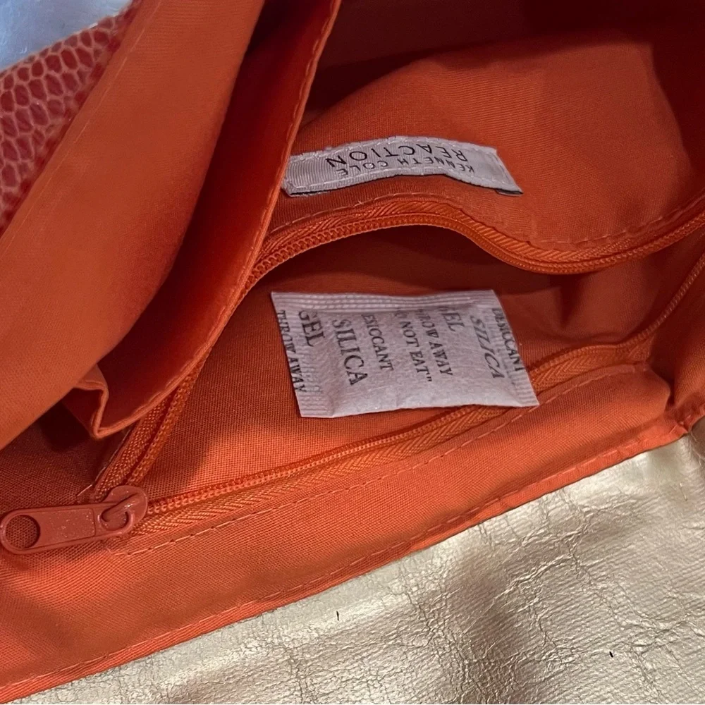 Kenneth Cole Reaction Orange Snakeskin Clutch Bag Gold Trim Metallic Envelope‎